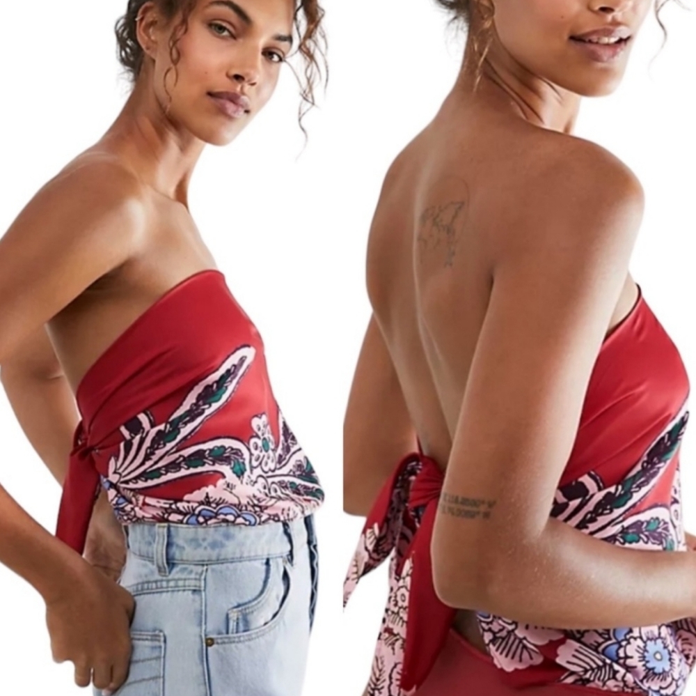 NWT FREE PEOPLE Handerkerchief Tie Back Satin Bodysuit Onesie, sz Small